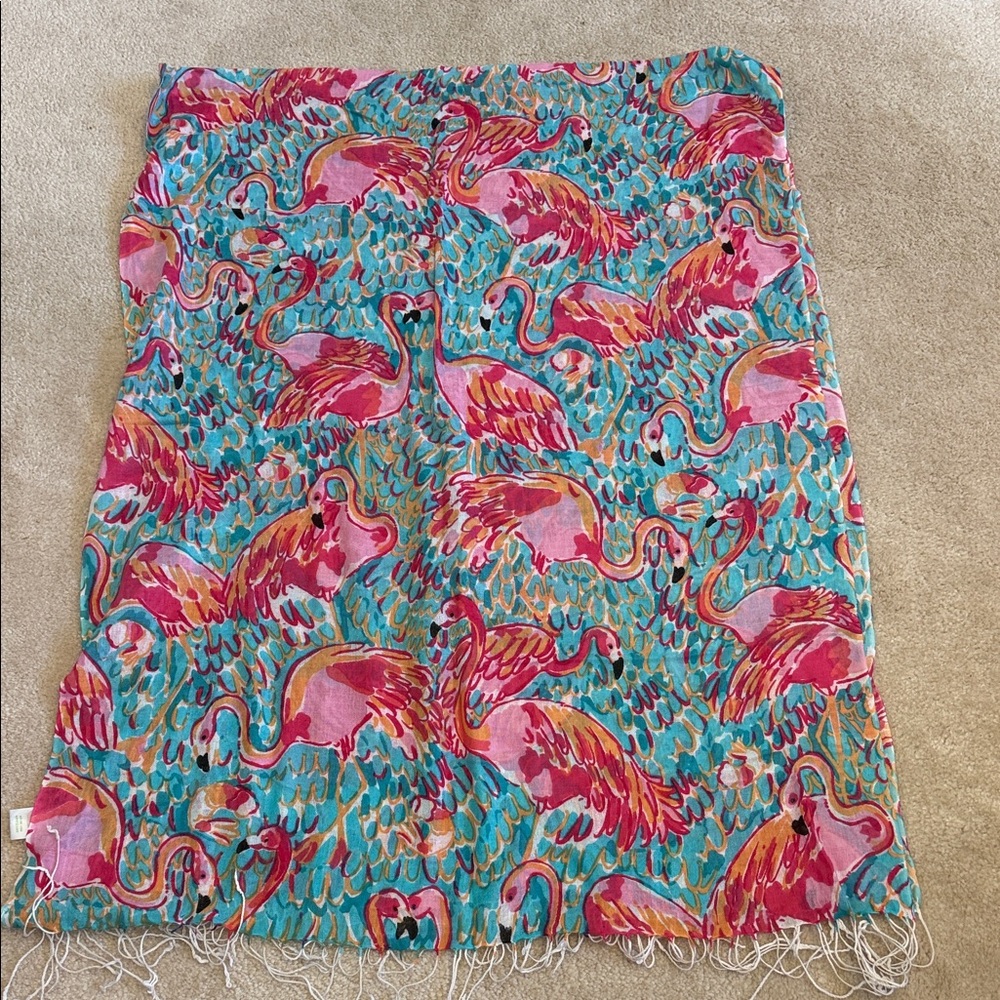 Lilly Pulitzer Pink and Blue Flamingo silk & cashmere scarf